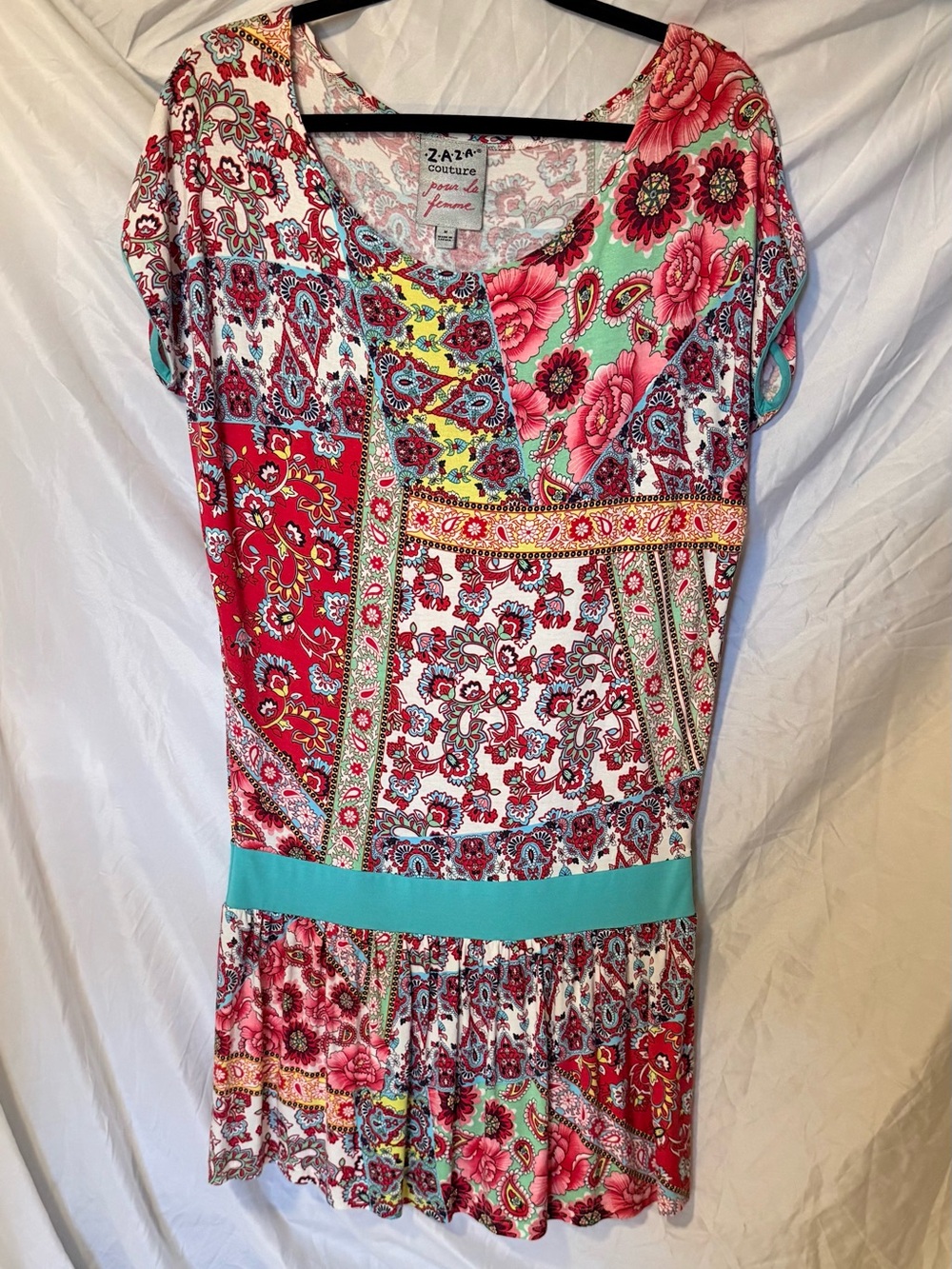 Zaza Couture Floral Patchwork Mini Dress in Red and Turquoise Size Medium (JJ21)